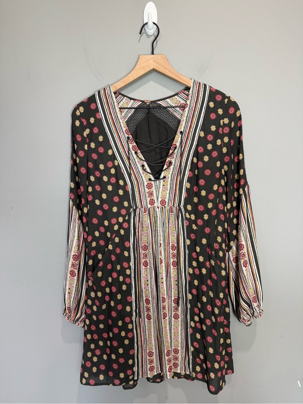 Free People Rain or Shine Boho Tunic Mini Dress Lace‎ Up Pockets XS/S